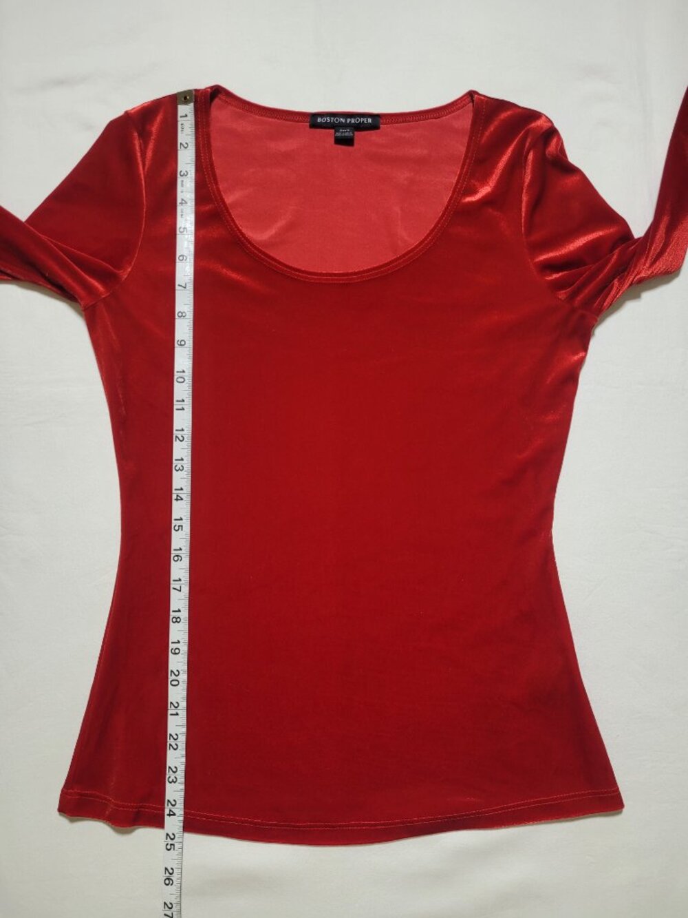 Boston Proper Red Velvet Scoop Neck 3/4 Sleeve Top Small Stretch Blouse Holiday - Picture 6 of 8